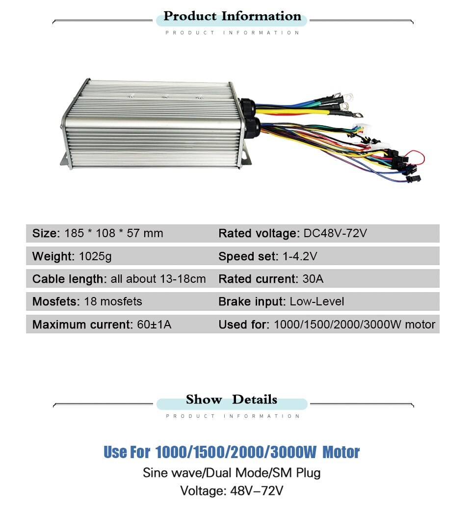 Electric Bicycle Controller 1000W 1500W 2000W 3000W 60A Sinewave Controller