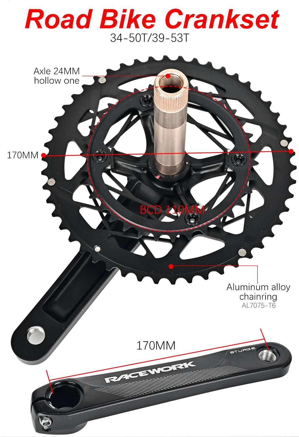 170mm Road Bike Crank Arm 10-12S 110BCD 50-34T 53-39TDouble Sprocket with BB