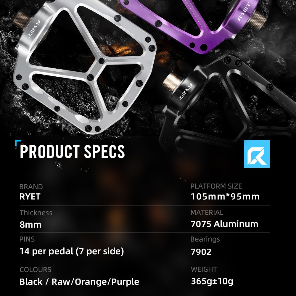 RYET CNC Machined Pedals 365g 7075 Aluminum DU Bearings Flat MTB Road Bike