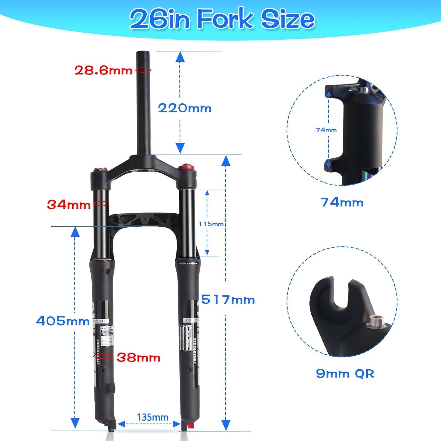ZTZ 26″ Fat Tire MTB Air Suspension Fork, for Snow Beach XC Mountain Bike – HOT