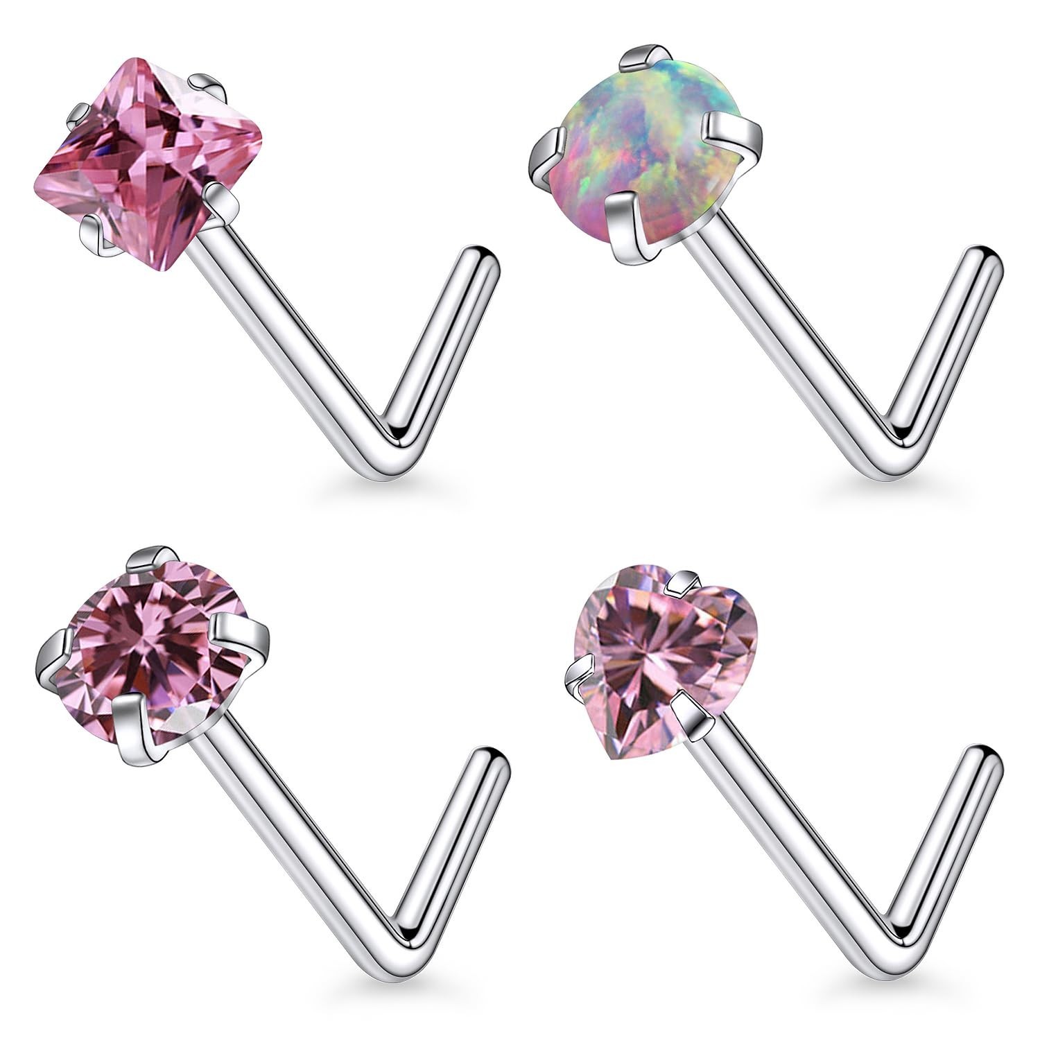 F136 Titanium 20/18g L Shaped Pink/Blue Diamond Nose Ring Studs Earrings Pier…