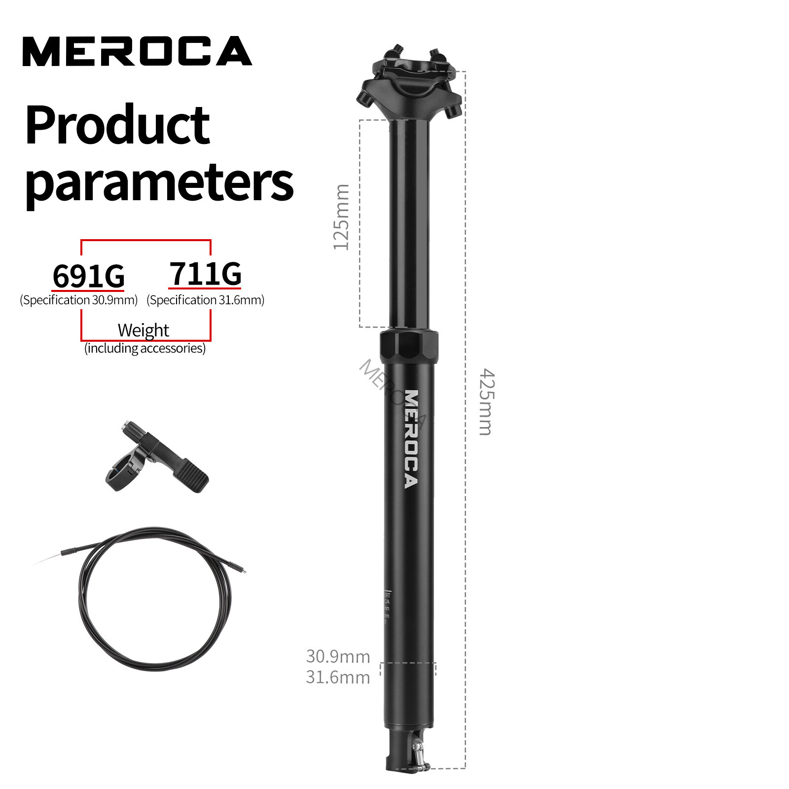 MEROCA Dropper Seat Post Mountain Bike Seatpost 27.2/30.9/31.6mm 125mm Travel