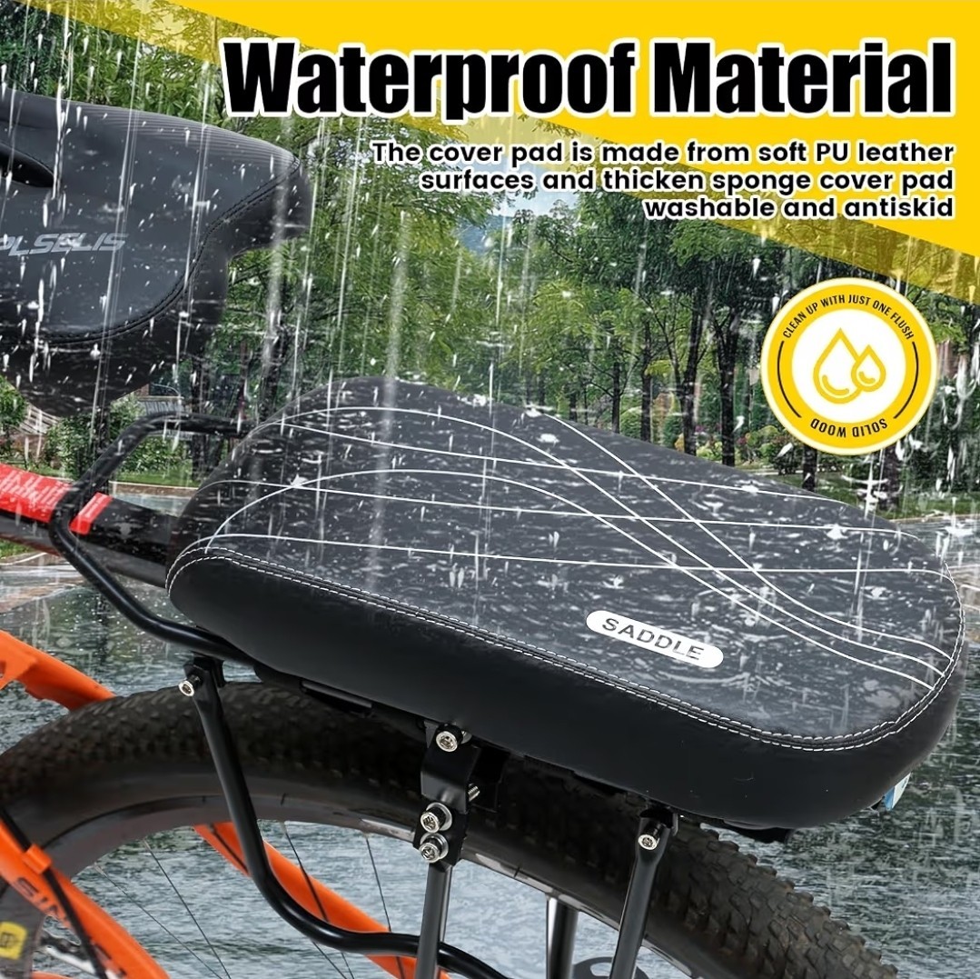 Wide Bike Rear Seat Pad Saddle Black Waterproof PU Cover w/Mounting Brackets