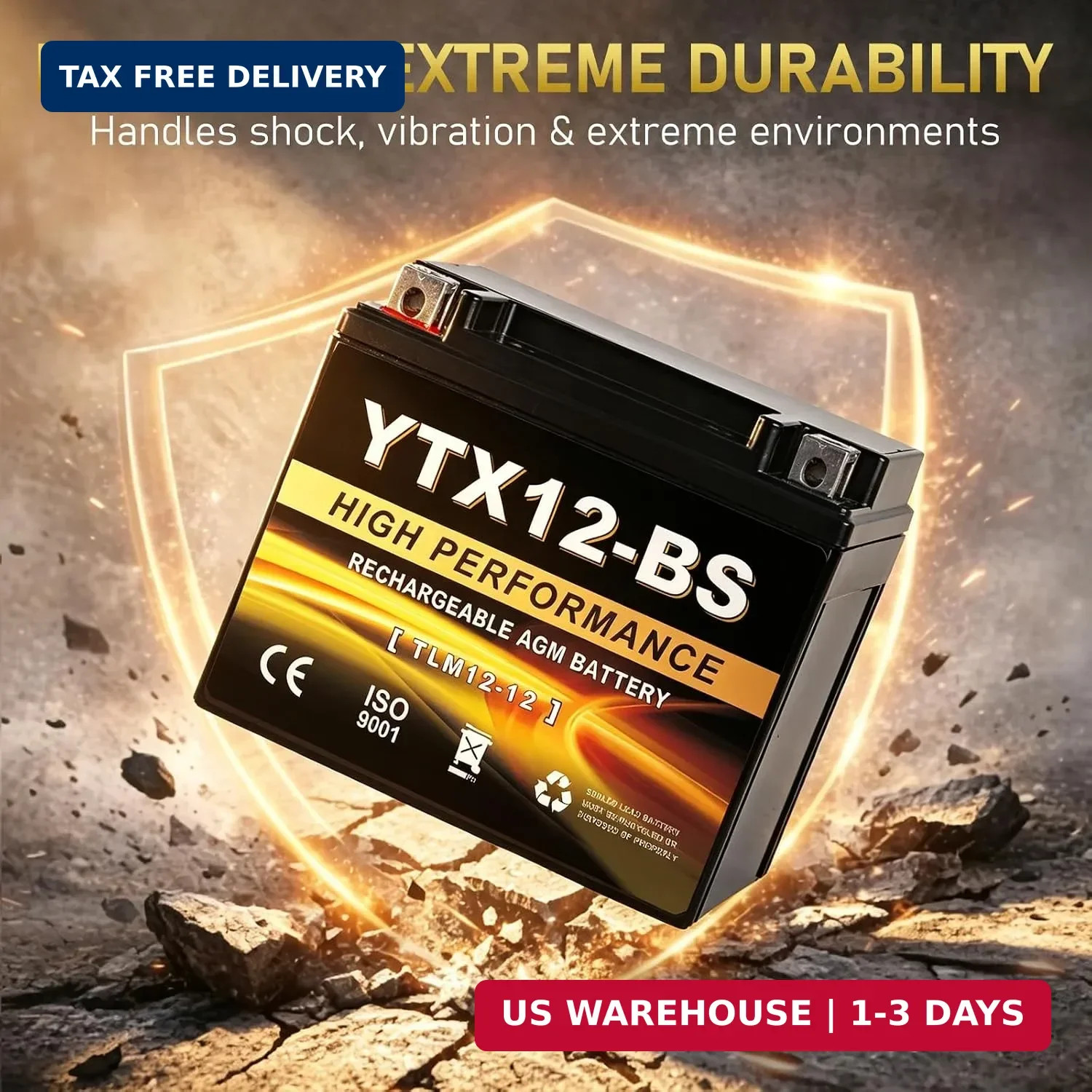 YTX12-BS 12V 10Ah AGM Sealed Motorcycle Battery, Maintenance-Free, Compatible wi