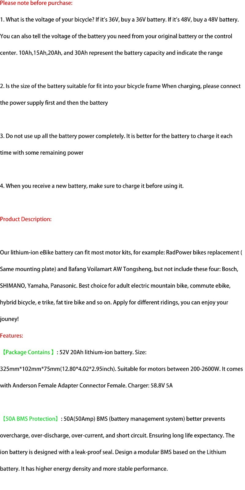 52V 20Ah Lithium Battery 50A BMS for 200W-2600W Ebike Electric Bike Motorcycle