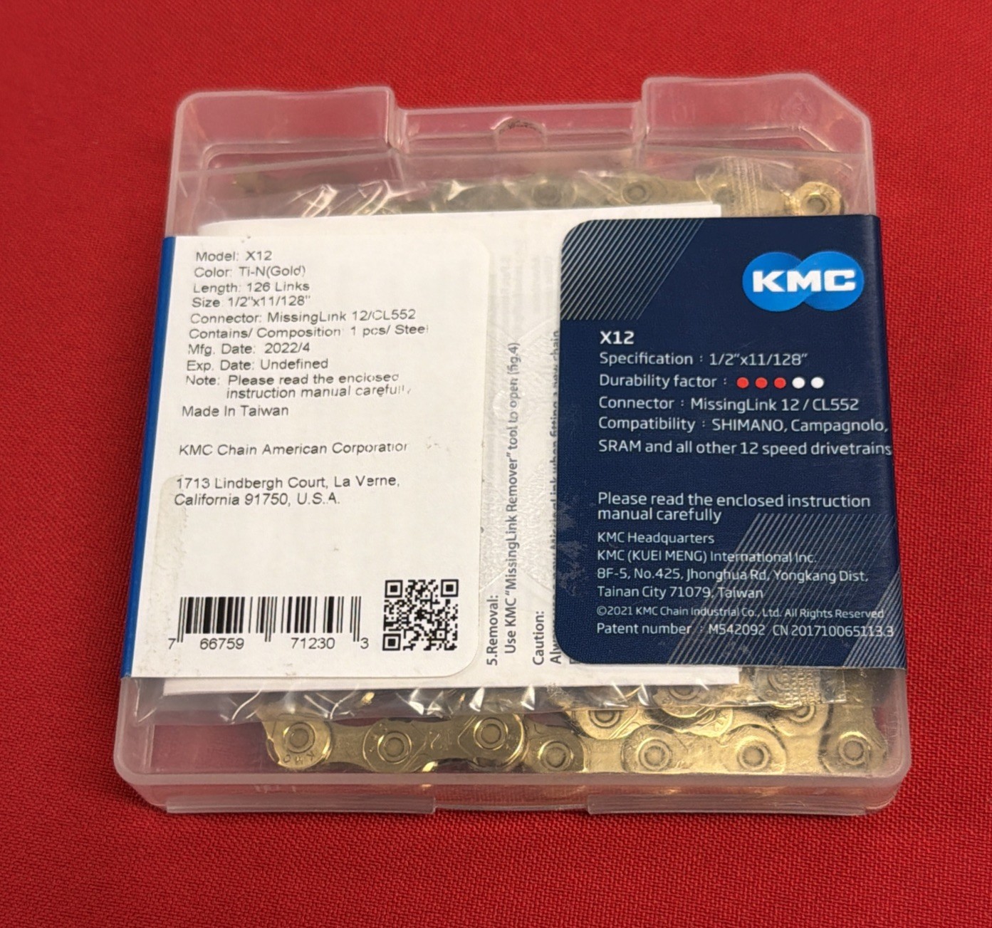 KMC X12 Gold Ti-N 12-Speed Bike Chain 126L fits SRAM GX NX Eagle 12sp Road / MTB