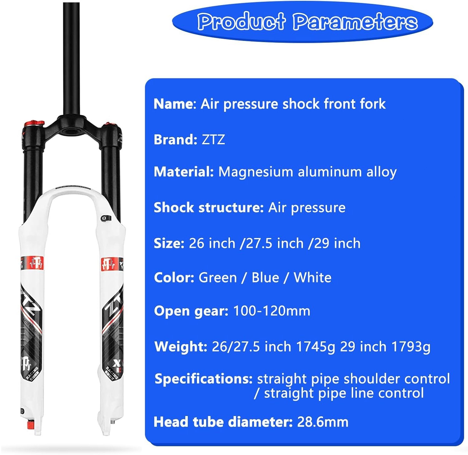 ZTZ MTB Air Suspension Fork Fit for 26/27.5/29 inch Mountain Bike, QR 9mm, XC/AM