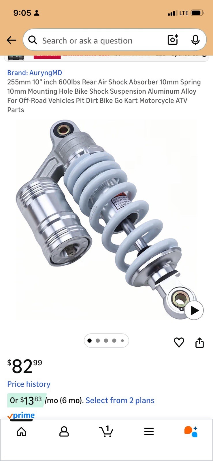 255mm 10” inch 600lbs Rear Air Shock Absorber 10mm Spring 10mm Mounting Hole