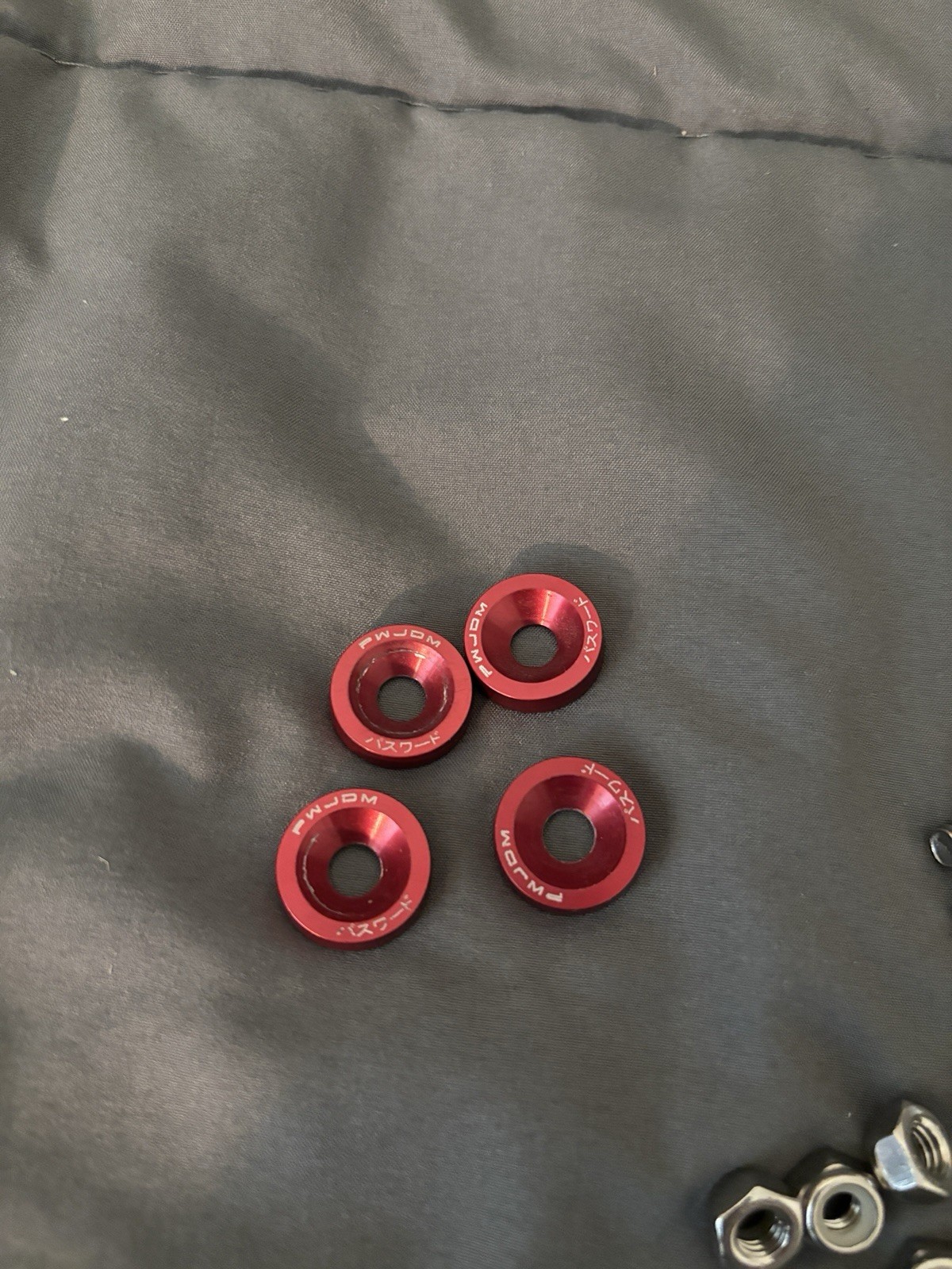 Password:JDM CNC-1 Red Anodized Aluminum Washers w/ Silver Bolts, Nuts Set 4