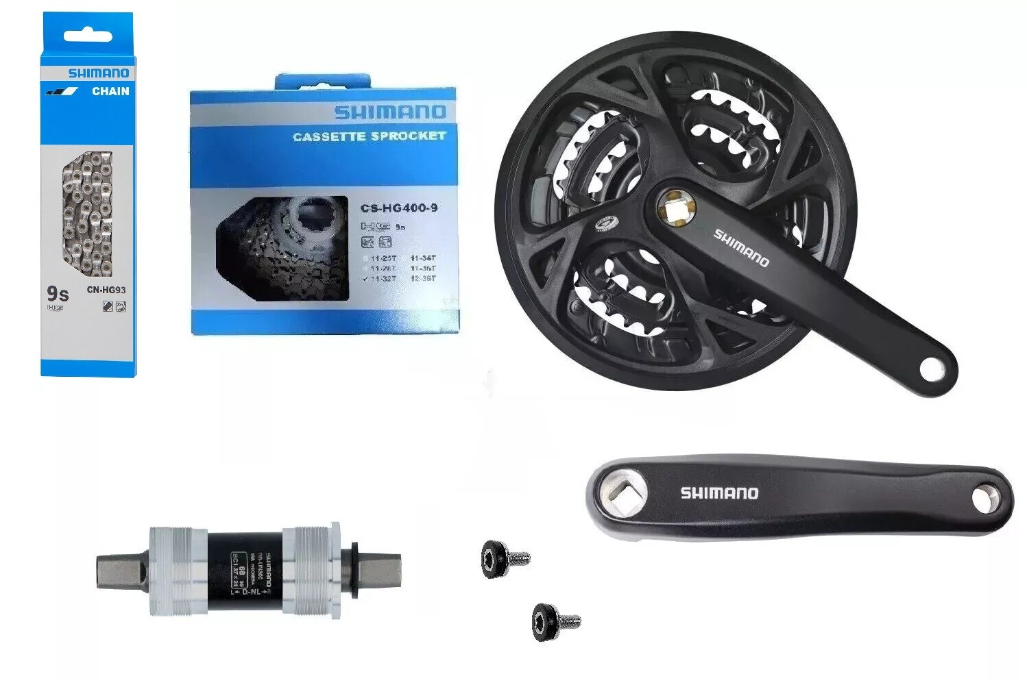 Shimano wear 9 speed chain HG 93 square crank + HG 400 cassette + bottom bracket