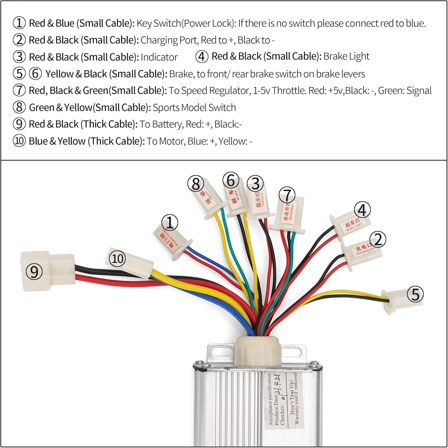 Brushed Motor Controller 48V 1000W with White Battery Connection for Scooters