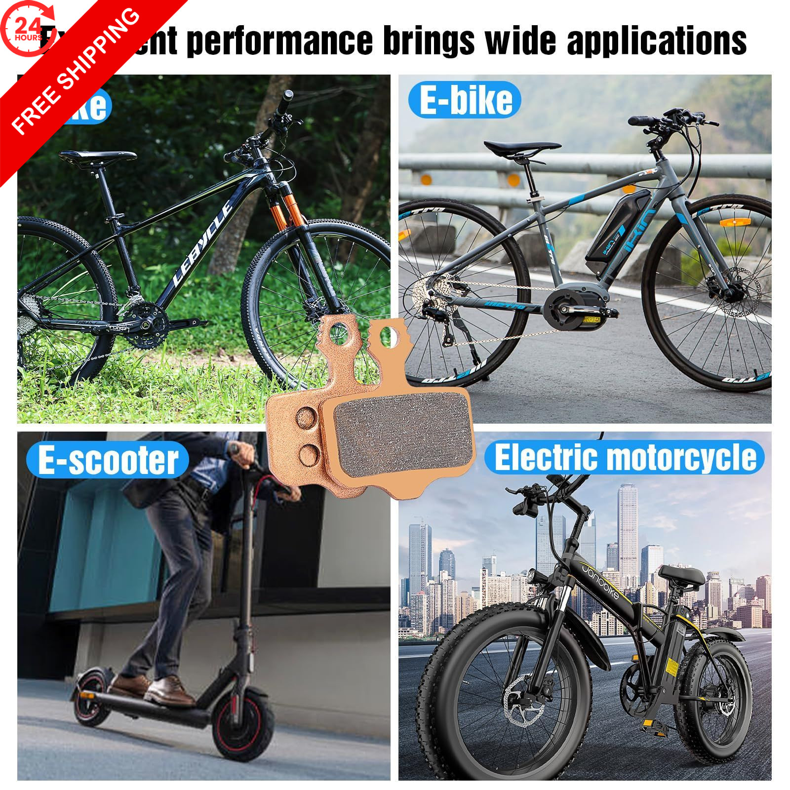 2 Pairs Sintered Metal Ebike Bike 30.6mm long, 35mm wide and 4mm thick, Gold