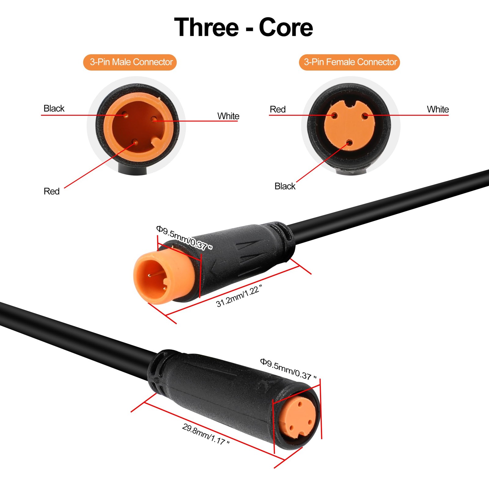 1T2 YSplitter 3 Pin Ebike Extension Wire Julet Type Cable Waterproof 7.9 Inch