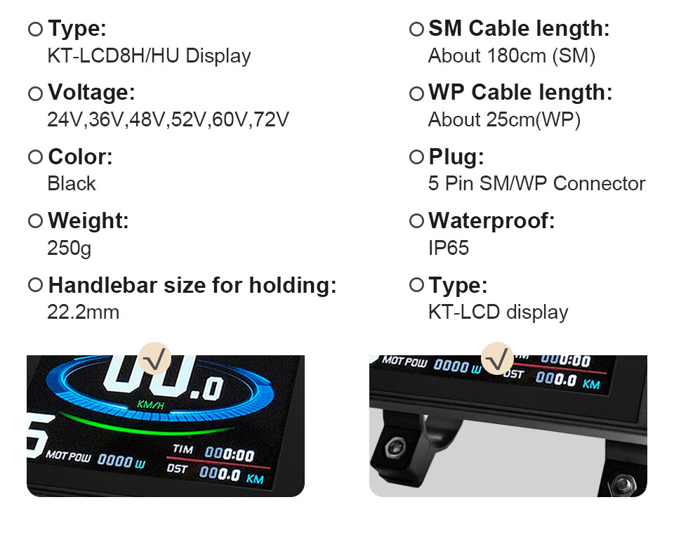 E-bike LCD8H LCD8HU Display with USB 24V/36V/48V/52V/60V72V E-bike Display