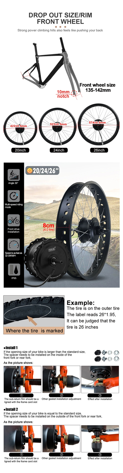 48V 750W 20/24/26inch Snow Electric Bicycle Fat Tire Brushless Front Hub Motor