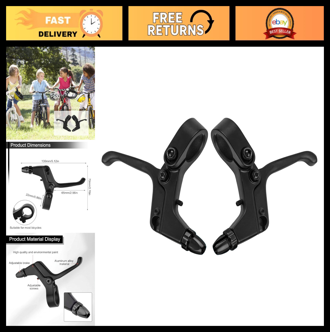 2Pcs Adjustable 2-Finger Bicycle Brake Levers for V Brakes, Aluminum Alloy, Kids
