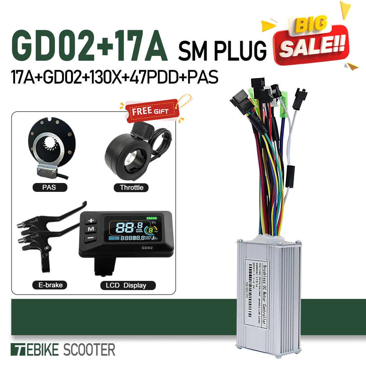 E-bike 3-Mode SineWave Controller 17A 26A 30A 40A Color LCD S866 GD02 Display
