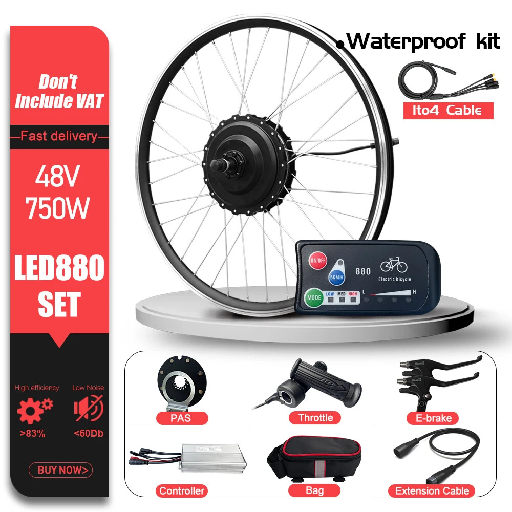 48V 750W Electric Bike Conversion Kit Waterproof Plug Rear Brushless Hub Motor