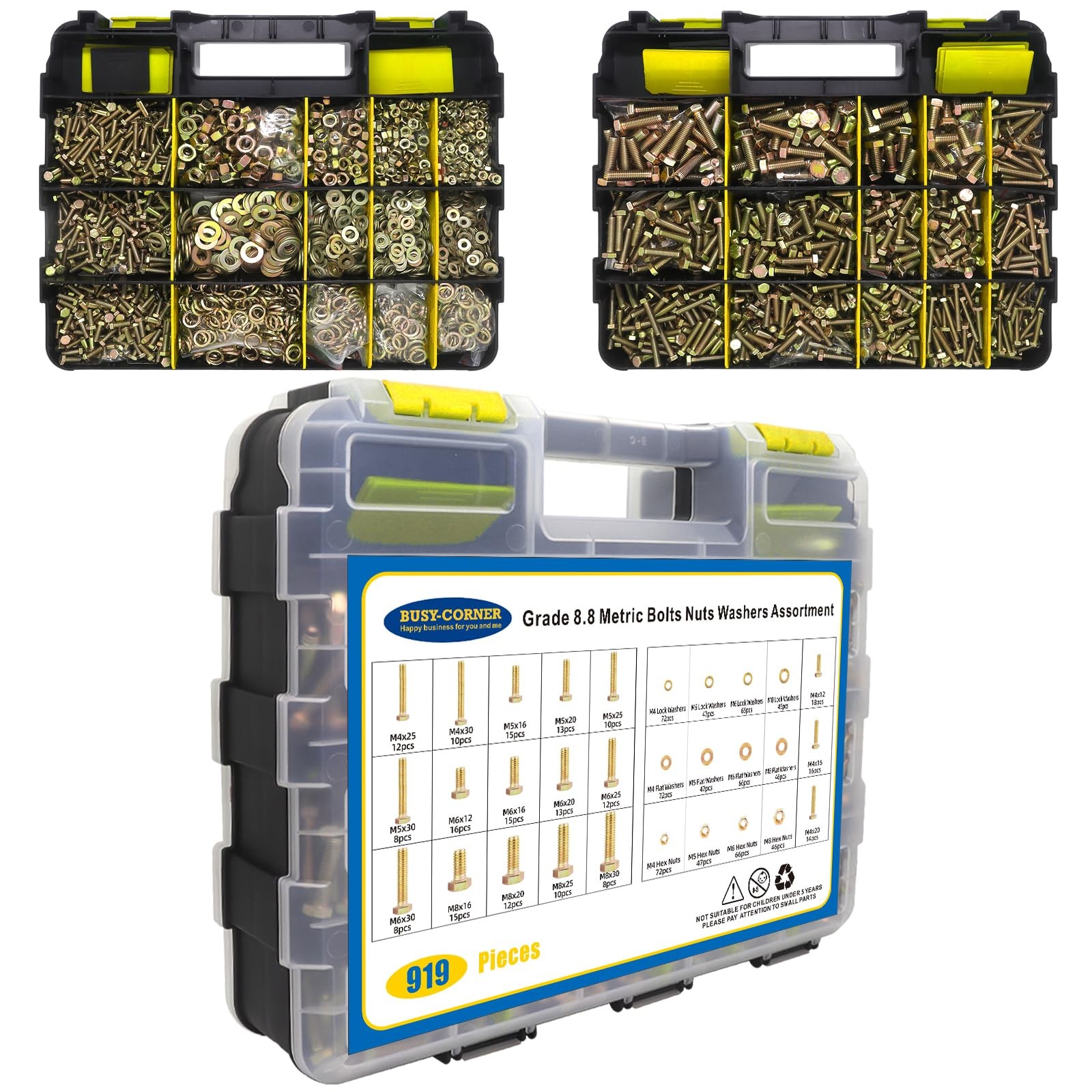 919 Pcs Grade 8.8 Metric Bolt Assortment, M4 M5 M6 M8 M4, M5, M6, M8, Yellow
