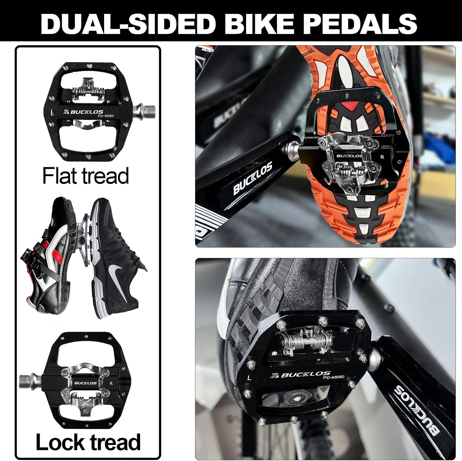 BUCKLOS for SPD Dual Pedals PD-M680 MTB Bike Flat&Clipless Bearing Mountain Road