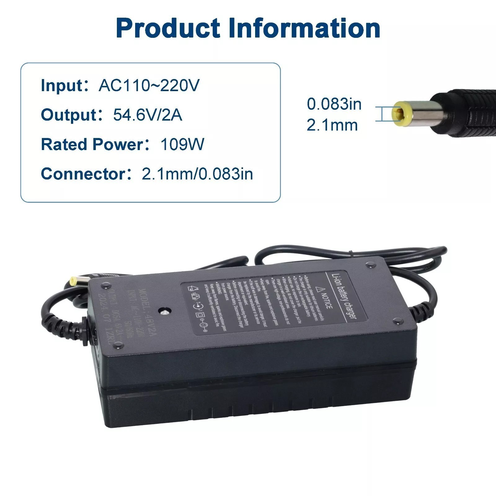 54V 2A Adapter Charger 48V Lithium Battery with 5.5mm*2.1mm DC Plug Port 108W 2