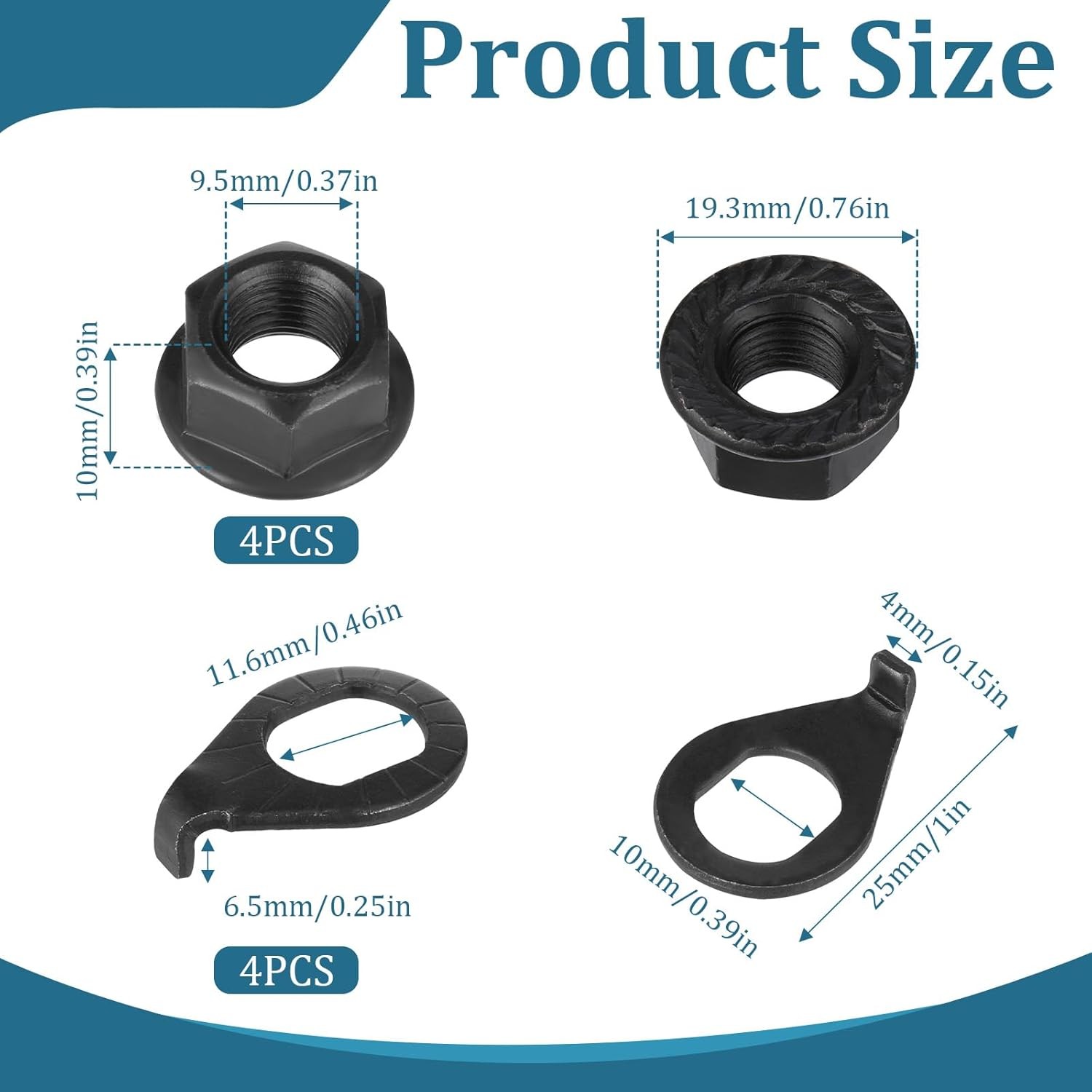 Bicycle Hub Nut Kit 3/8″ Flange Axle Nuts + Safety Washers Black 8pc