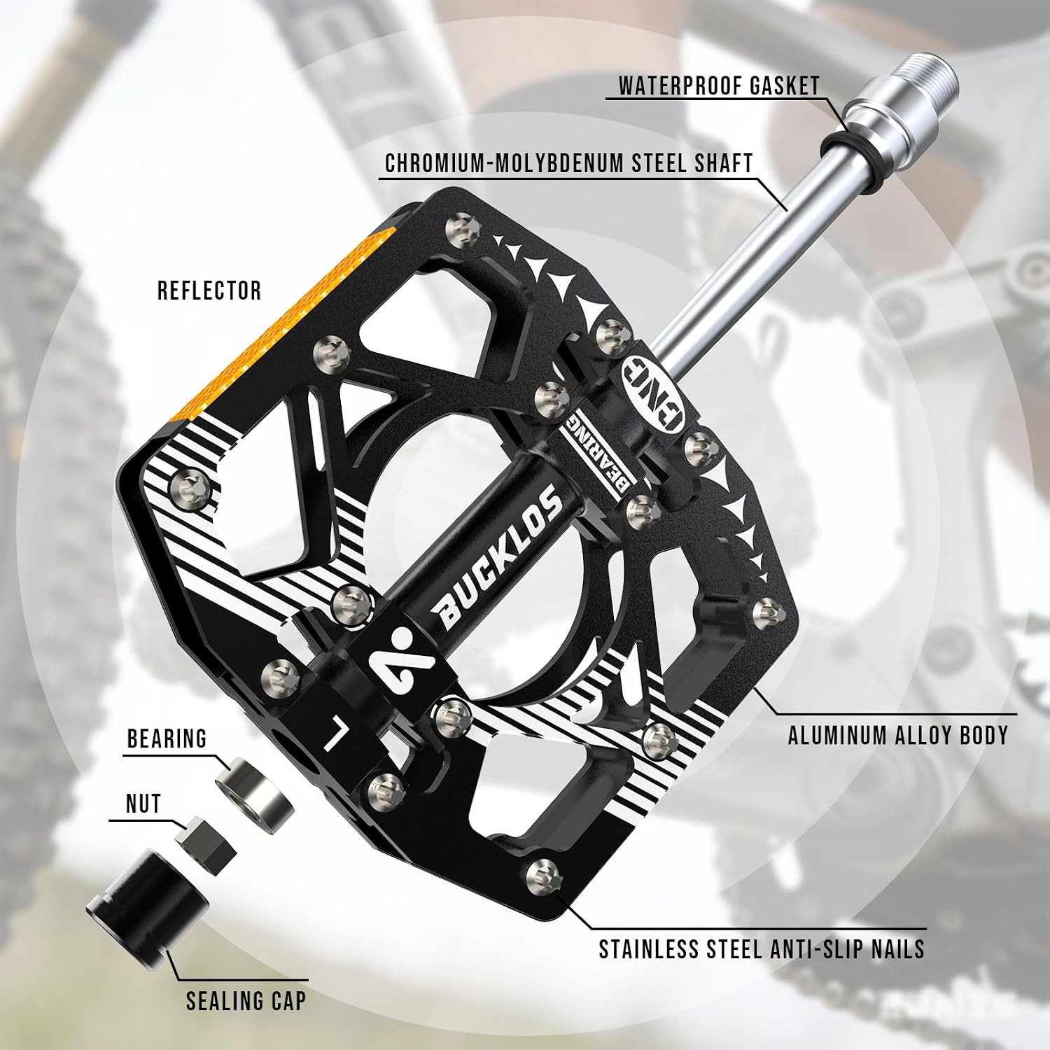 MTB Bike Flat Pedals with Reflectors,Large Platform Mountain Non Slip CNC Alumin