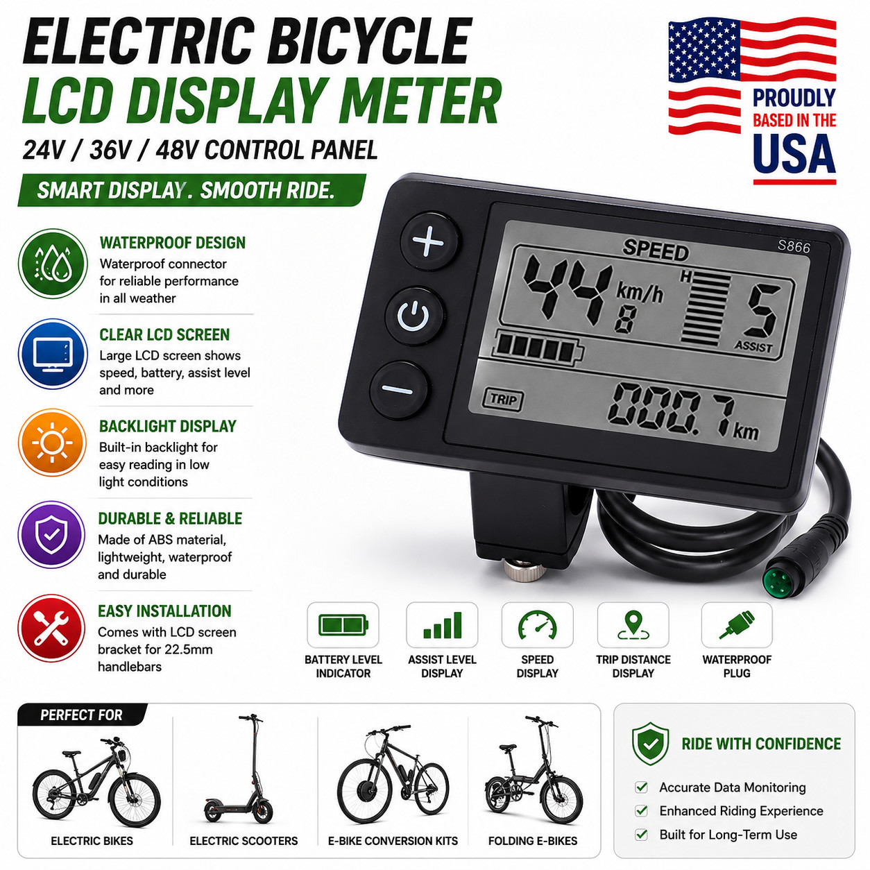 For E-bike Lcd Display 24V/36V/48V Mini E-Bicycle Electric Bike Speed Meter 2024