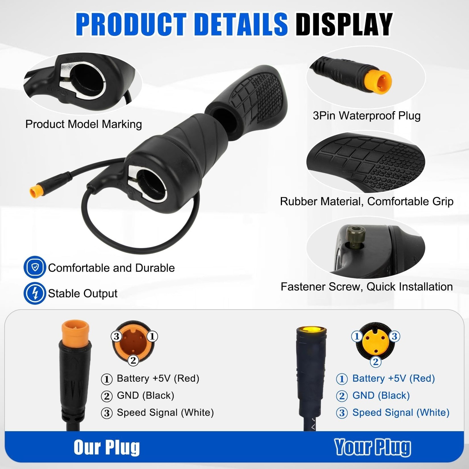 20X Ebike Half Twist Throttle 3 Pin Waterproof 12V-72V Handle Grip Control USNew