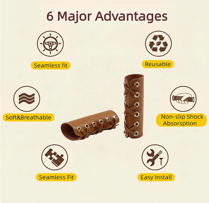 Leather Handlebar Grip Cover Anti Slip Shock Absorption Retro Style 1 Pair