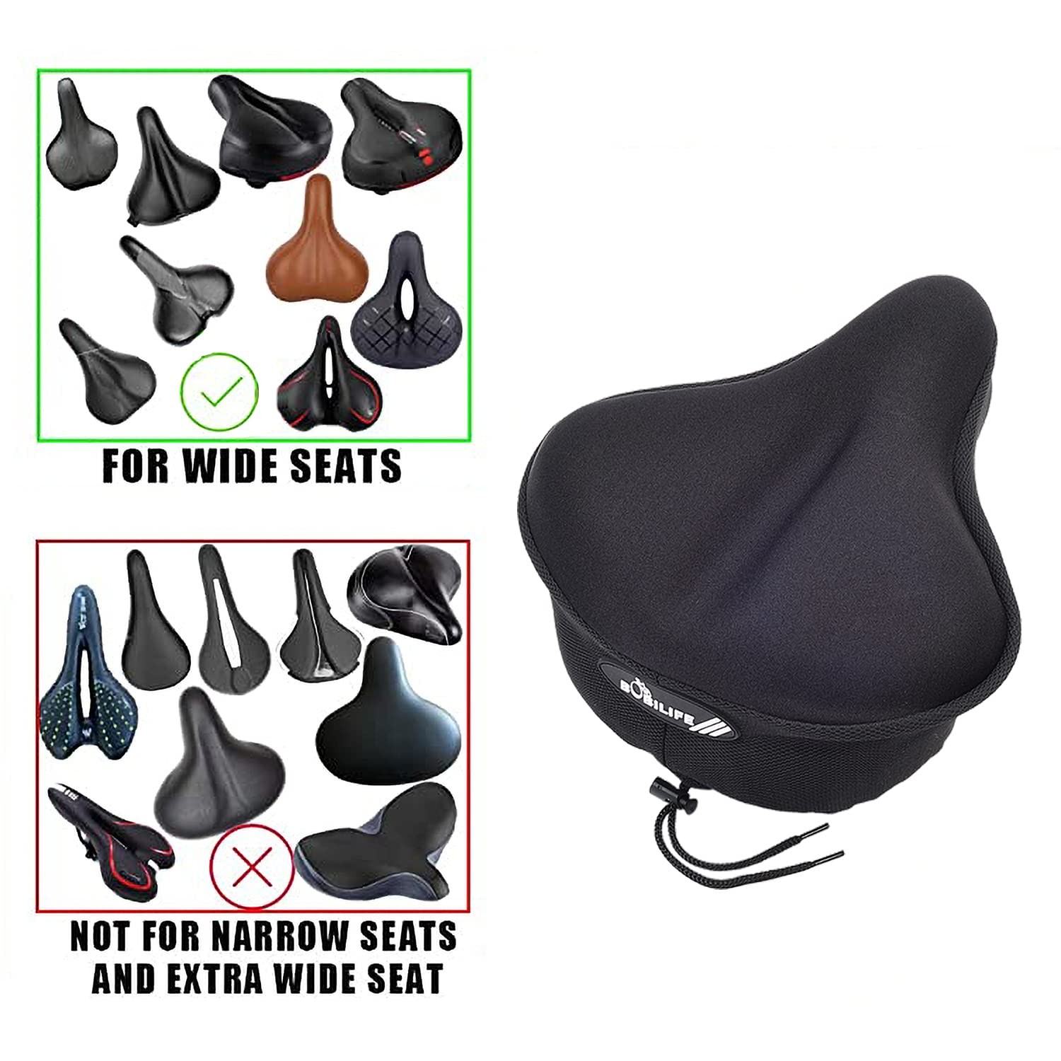 Thick & Wide Gel Bike Seat Cushion Cover Pad with Rainproof Cover – Comfortab…