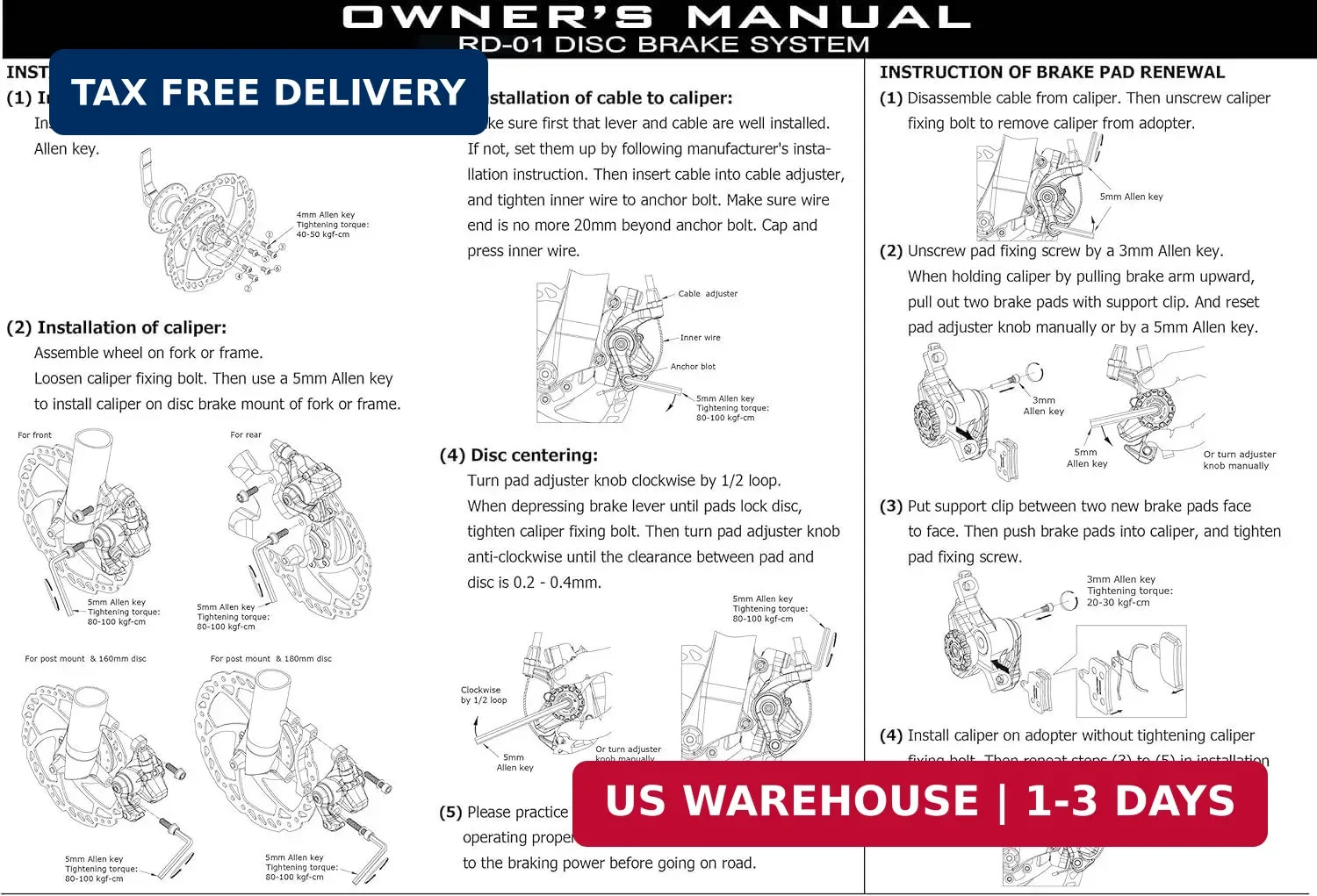 Bike Disc Brake Kit, Aluminum Front and Rear Caliper, 160mm Rotor, Mechanic Tool
