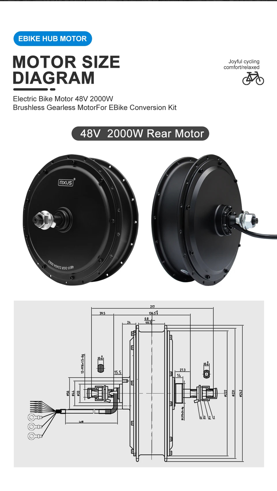 48V 2000W Mountain E-bicycle Brushless Non-gear Rear Hub Motor Dropout 135-142mm