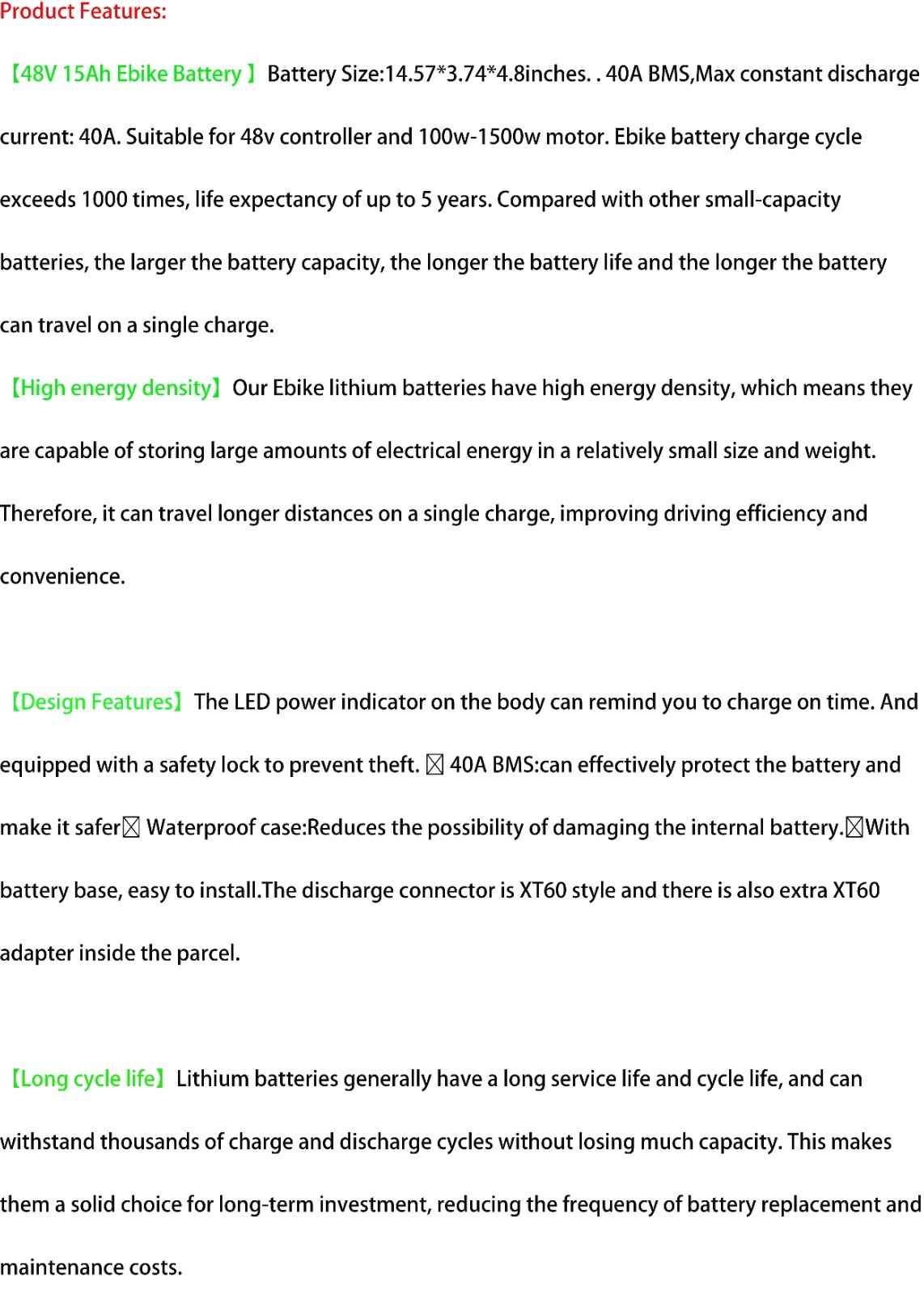 Ebike Battery 48V 15Ah Lithium Battery Pack for 250W-1500W Electric Bike Motor