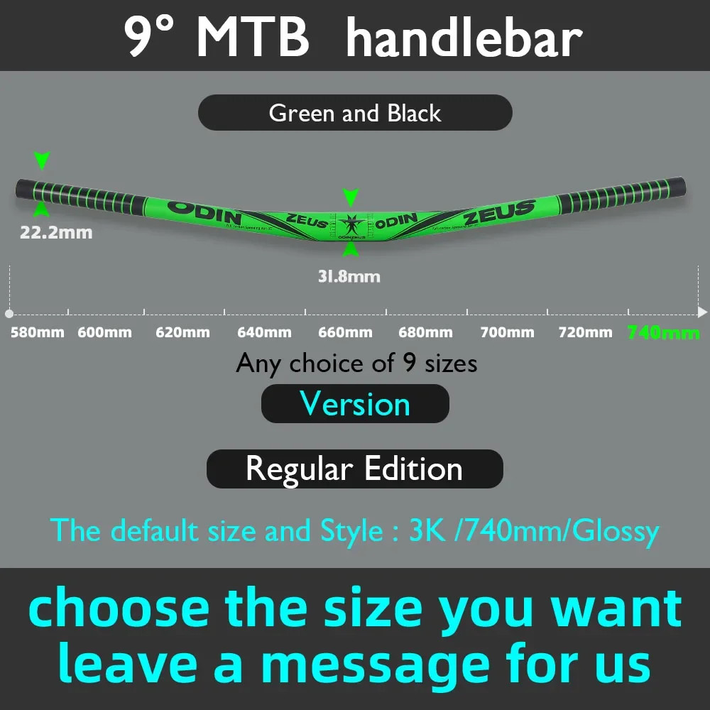 Full Carbon Fiber 9 Degree Mountain Bike Handlebar 31.8mm Clamp 580-800mm