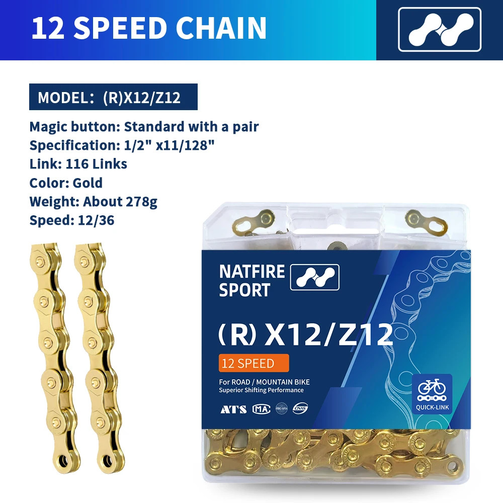 NATFIRE Bike Chain 6/7/8/9/10/11/12 Speed 116 Links Silver Gold MTB Road Bicycle