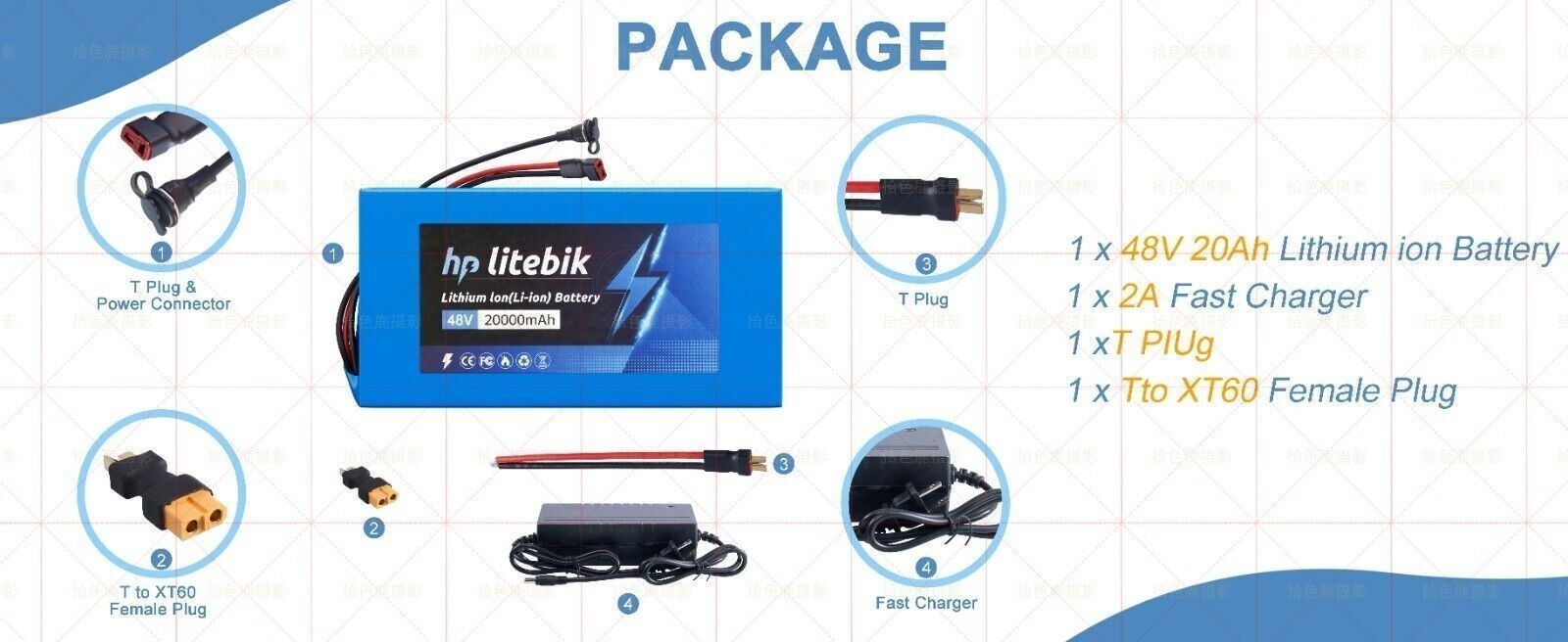 48V 20Ah Lithium Battery 30A BMS for ≤1500W Ebike Electric Bike Bicycle Scooter