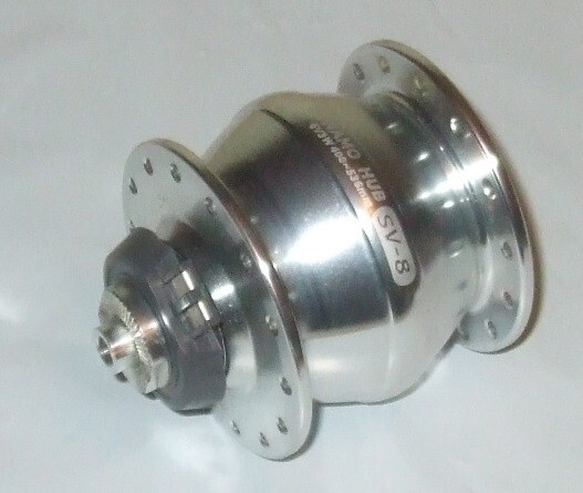 SP Shutter-Precision SV-8-F Dynamo Hub, Folding Bike, 74mm x 9mm QR, 28°