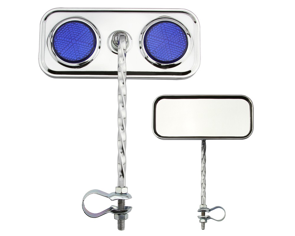 Bike Two Rectangle Square Twisted Mirror Chrome Blue Reflectors.