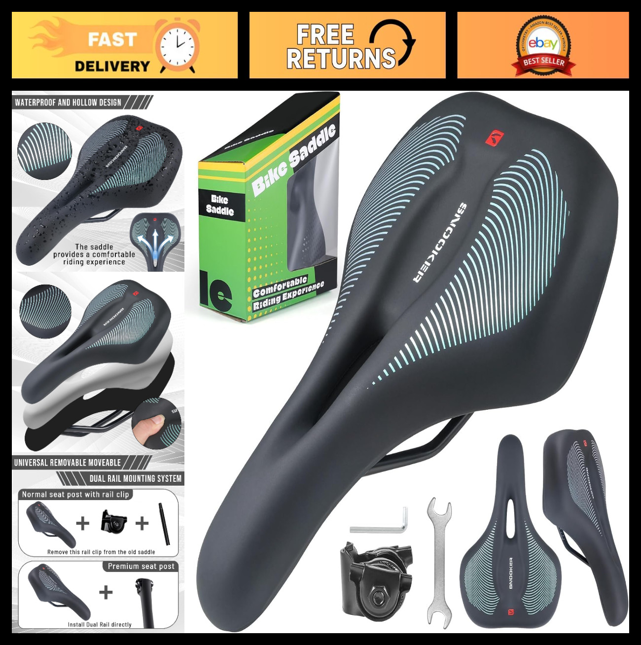Comfortable Gel & Foam Bike Seat for Men & Women, Ergonomic 5-Zone Support, Wate