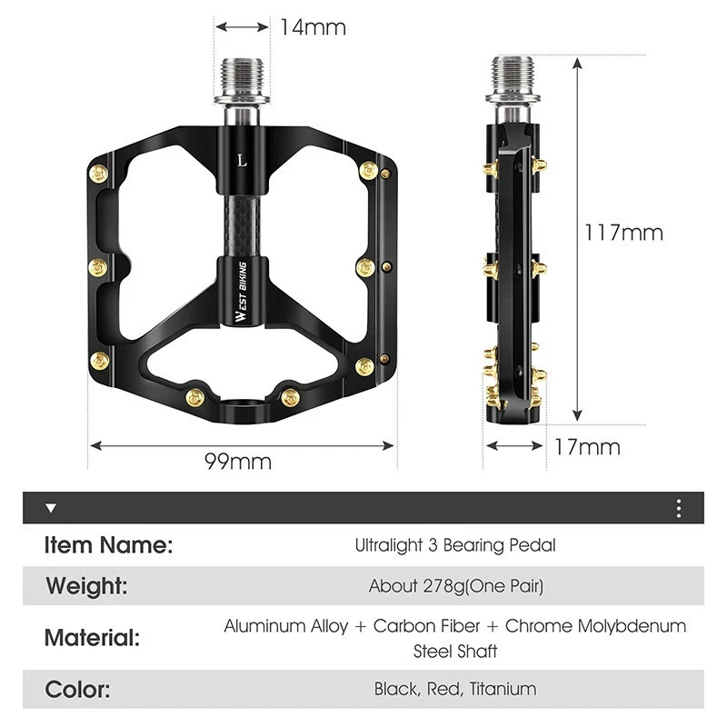 WEST BIKING Bike Pedals Carbon Fiber Axle 3 Bearing Bicycle Pedals Black a Pair