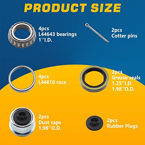 2Sets for 1» Axle Trailer Hub Bearings Kits, L44643 / L44610 Bearings Set,