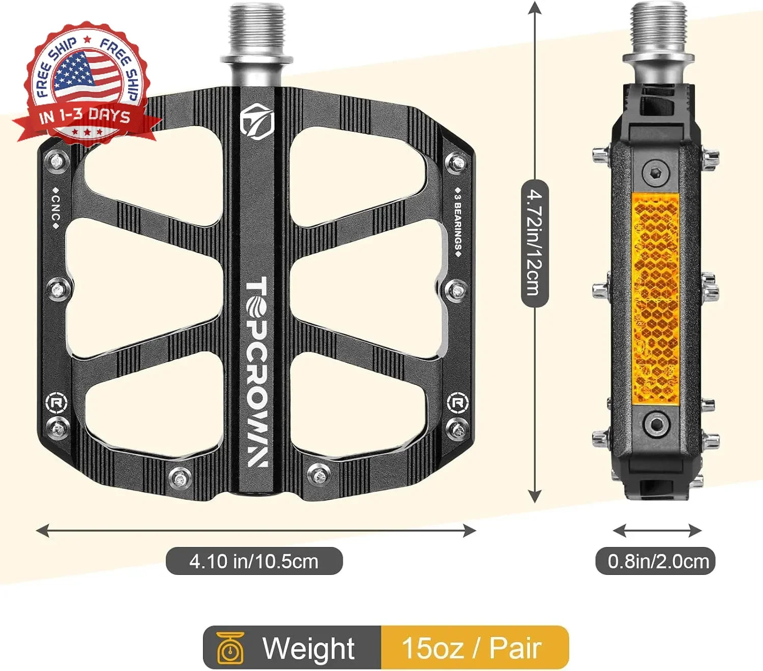 Topcrown Mountain Bike Pedals with Reflectors, Aluminum Metal Bicycle Flat Pedal