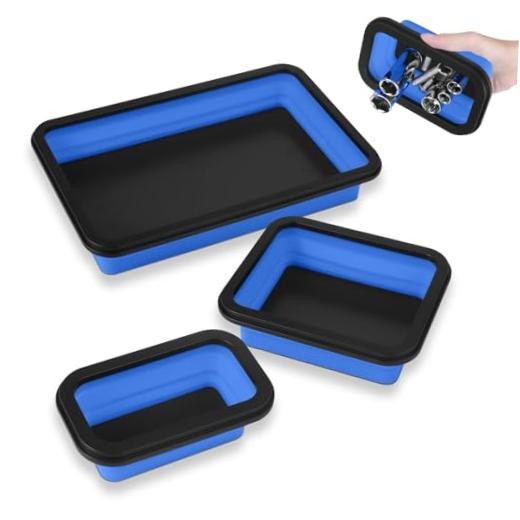Magnetic Tool Trays 3-Pack – Collapsible Parts Holder | Strong Rubber Blue