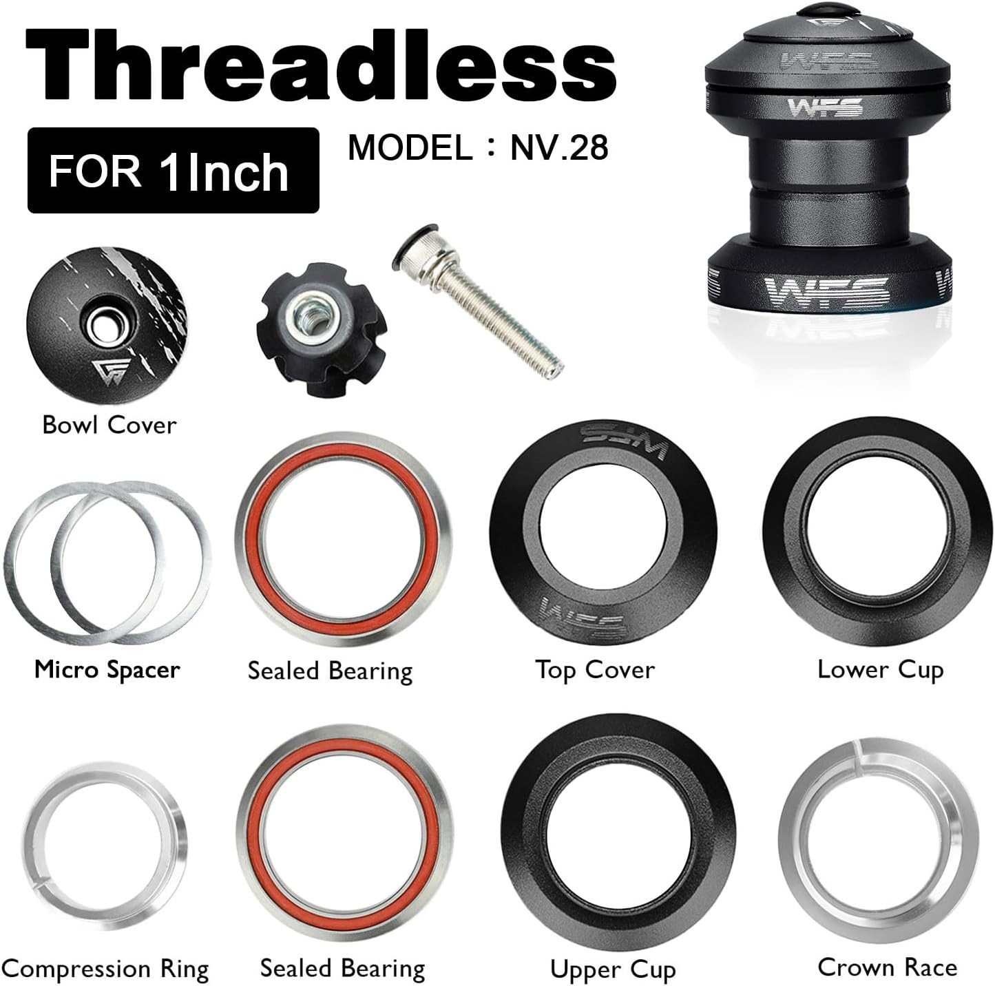 Matte Black 1″ Threadless Bike Headset WFS NV.28 CNC Aluminum Sealed MTB Road