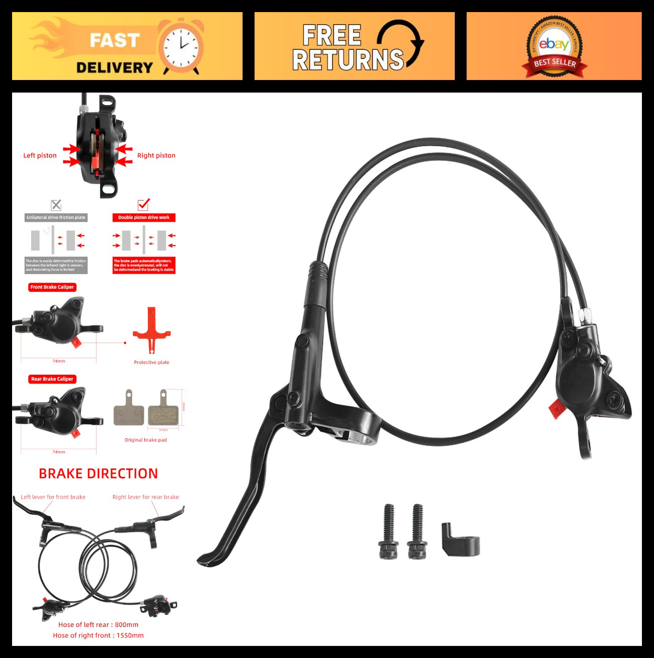 MTB Hydraulic Disc Brake Set – 2 Piston, Left Front 800mm, Right Rear 1550mm, Mo