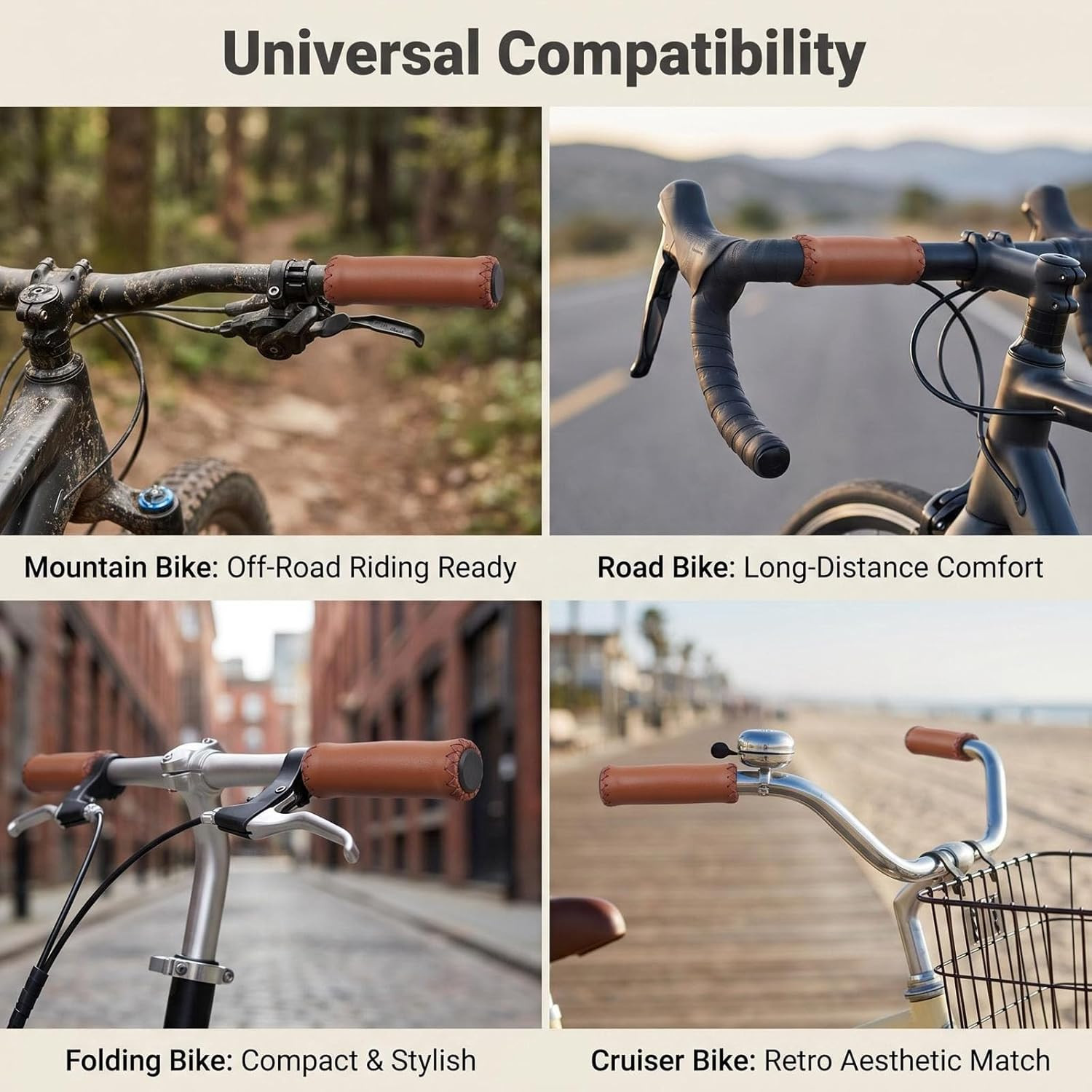 12Cm Brown PU Leather Bike Handlebar Grips with End Cap for 22.2Mm Bicycles