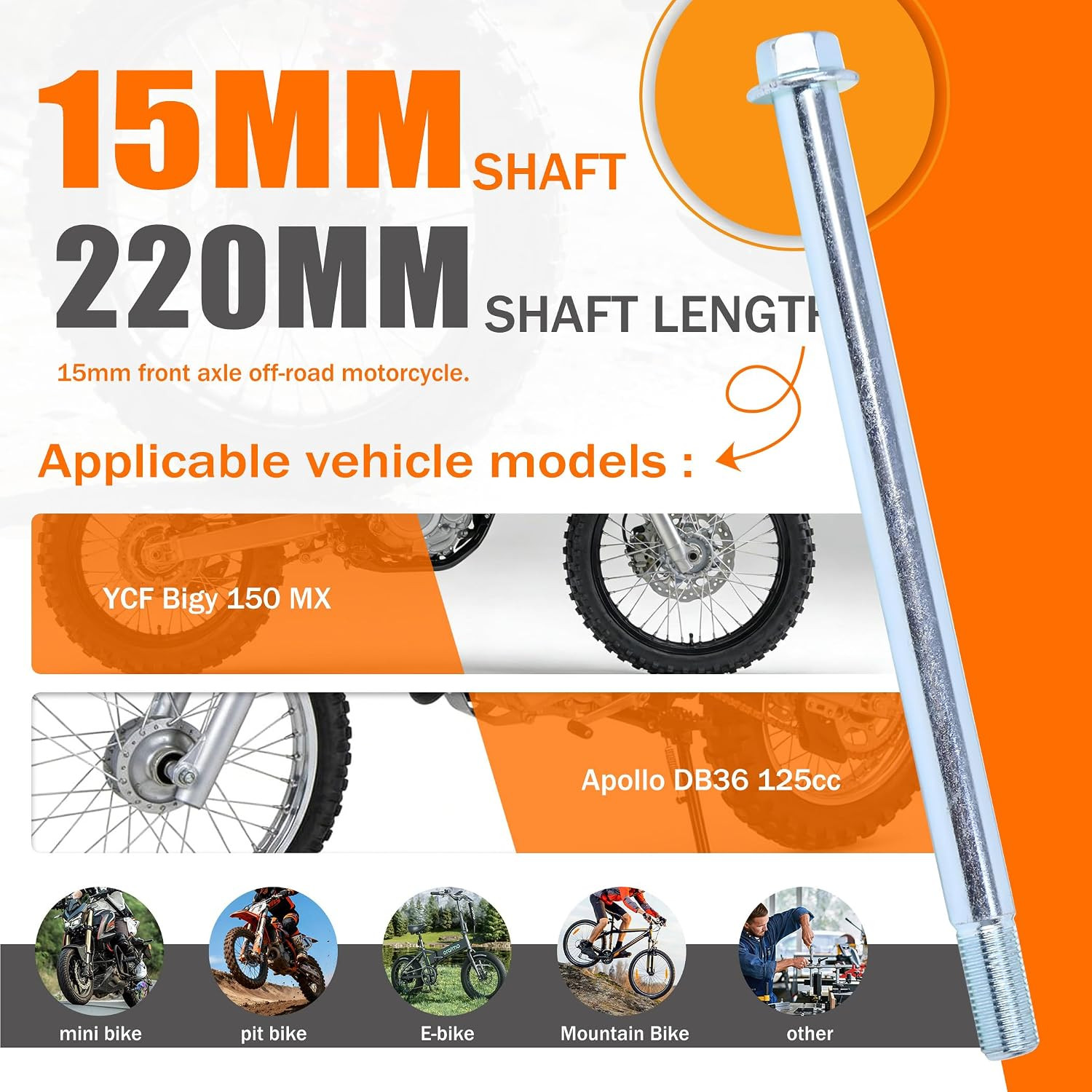 Mini Bike Rear Axle Kit 15mm*220mm(0.59″x8.66″) with Spacers Adjusters – for Col