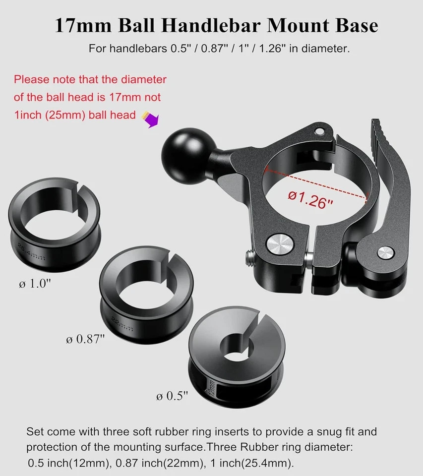17Mm Ball Handlebar Clamp Mount Base, Fit for round Rails 0.5»