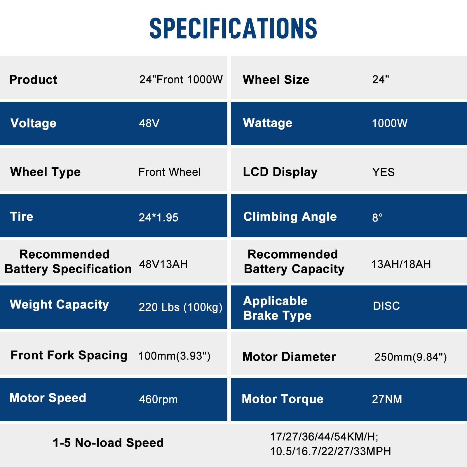 24 Inch 48V 1000W Electric Bicycle Front Wheel E Bike Motor Conversion Kit